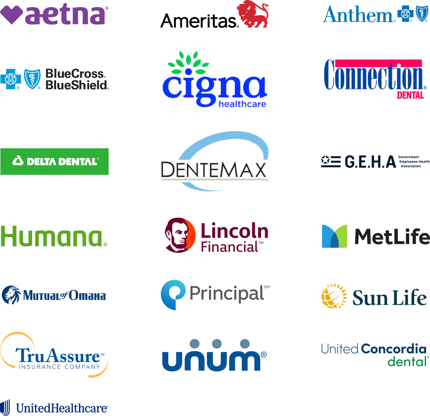 Grid of 18 health and dental insurance company logos, including Aetna, Cigna, Humana, MetLife, Sun Life, UnitedHealthcare, Principal, DentalMax, Delta Dental, and others, displayed on a white background.
