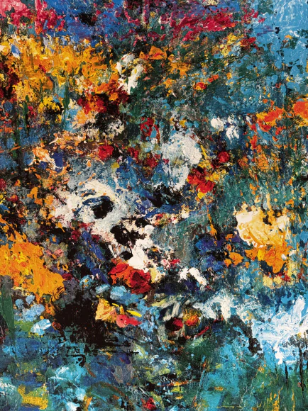 Abstract painting with bold splashes of yellow, blue, red, and green, creating a textured, chaotic composition. Some areas blend smoothly while others are heavily layered, resembling an impressionistic garden or landscape.