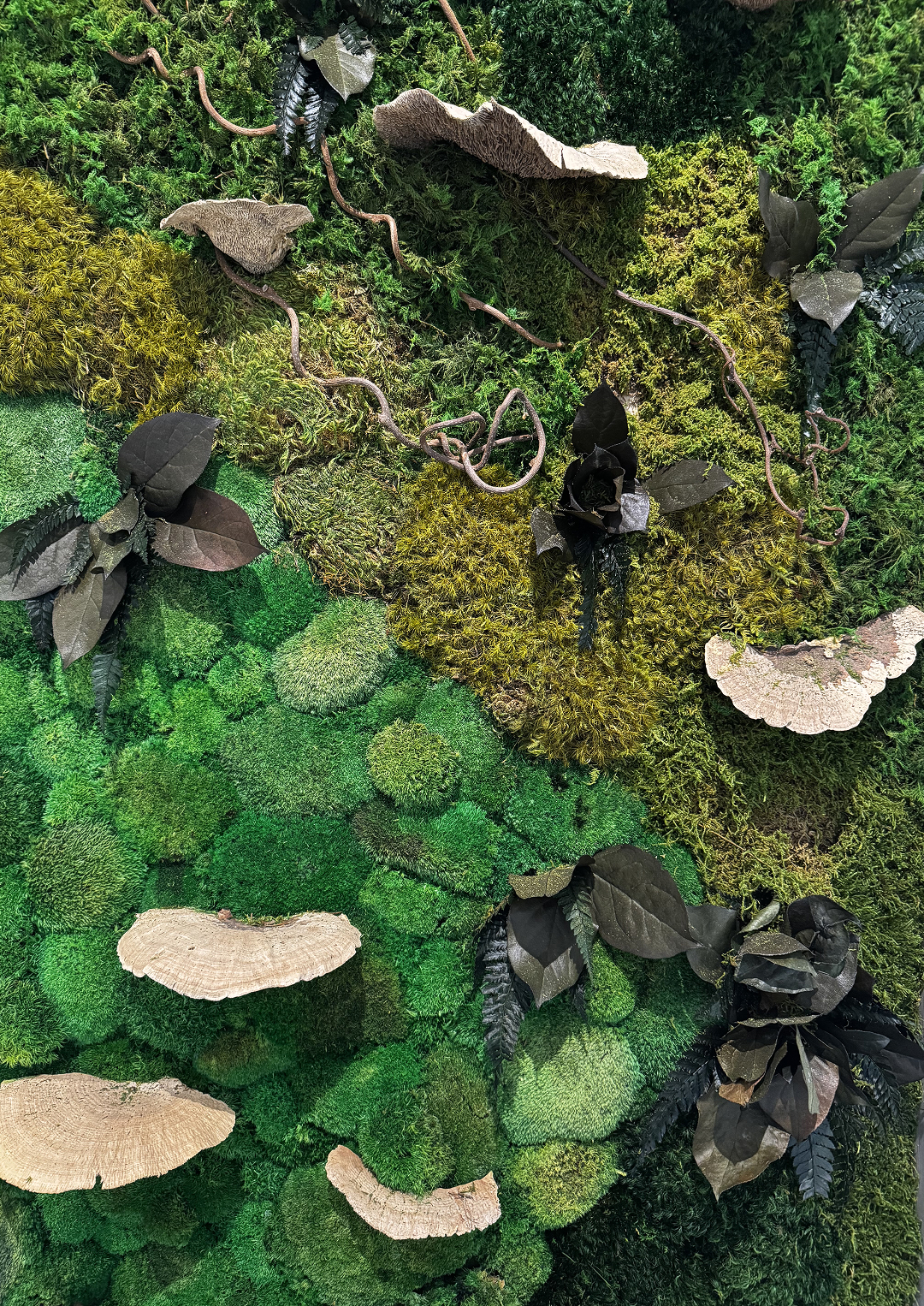 A close-up of a green moss wall with clusters of moss, flat fungi, dark artificial leaves, and twisting branches arranged decoratively.