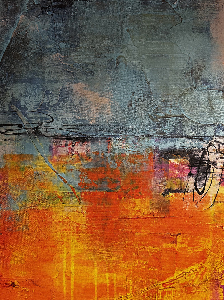 Abstract painting with bold orange and yellow strokes at the bottom, transitioning to darker blue and gray tones at the top, with textured layers and black scribble-like lines scattered throughout.